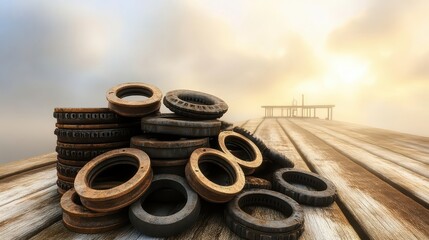 Pile of Old Tire Rims on Wooden Pier at Sunrise with Misty Background
