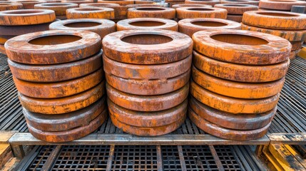 Stacked Steel Rings in Industrial Warehouse with Rusty Finish