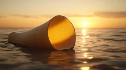 Plastic Cone Floating on Calm Water at Sunrise with Soft Lighting