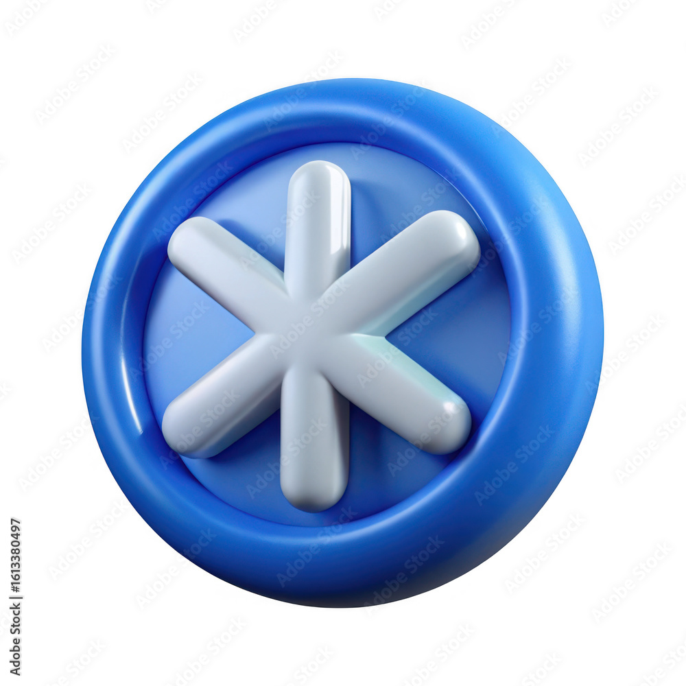 Poster blue circular button with a white asterisk symbol isolated on transparent background