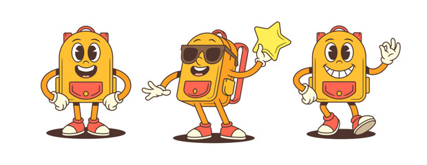 Playful cartoon backpack mascots showing confident poses with sunglasses, peace sign, and star. Perfect for educational materials, kids branding, and fun school projects. Colorful vector illustration