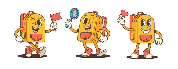 Vibrant cartoon backpacks with expressive faces showing playful and friendly attitudes. Dynamic poses include winking, holding a flag, mirror, and heart, perfect for children education and branding
