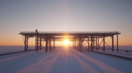 Fototapeta premium Sun Setting Behind Industrial Structure on Snowy Horizon Scene