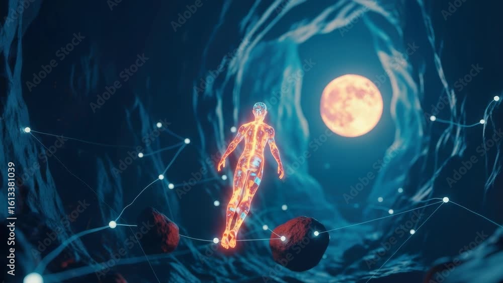 Poster a luminous figure composed of glowing lines and nodes floats through a dark rocky cave illuminated b