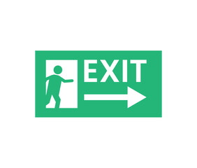 Green rectangular sign with white exit text rightpointing arrow and person through doorway icon