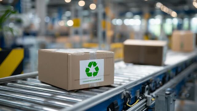Eco-friendly parcel on a scale with a green recycling sign, highlighting sustainable last-mile delivery and automated shipping equipment.