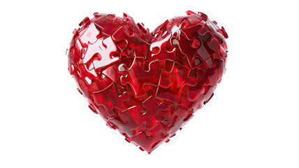 Title: Glossy Red Heart Shaped from Interlocking Puzzle Pieces with Smooth Surface Isolated on Clean White Background