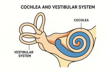 Cochlea and Vestibular System Anatomy Diagram, Illustration
