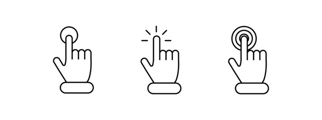Three black outline hand cursor icons illustrating clicktap interactions on white