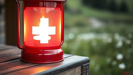Glowing Swiss lantern with white cross motif, resting on rustic wood with alpine meadow in soft focus.