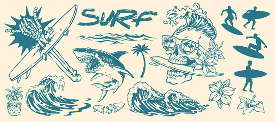 Fototapeta premium Surfing adventure with waves and ocean creatures