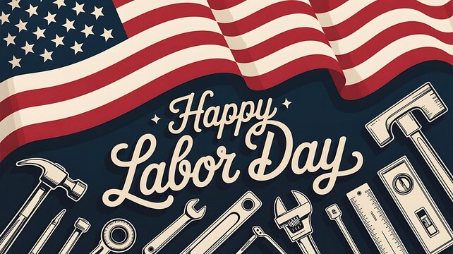 Photo of celebrating labor day with american flag and construction tools illustration