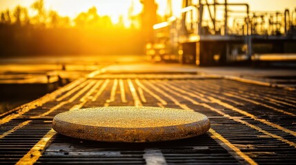 Round Manhole Cover on Industrial Grate at Sunset with Warm Lighting
