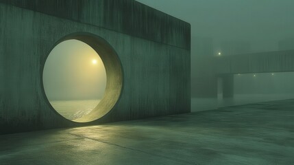 Surreal Foggy Landscape with Concrete Structures and Soft Light