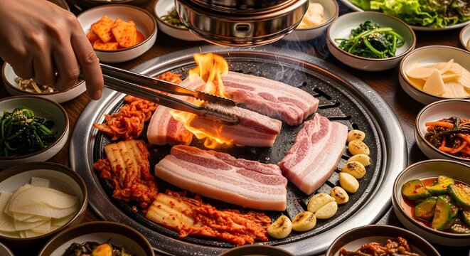 Authentic Korean BBQ Grilling Pork Belly and Kimchi