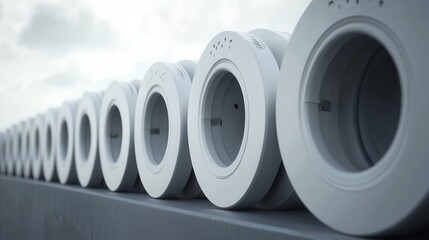 Row of Modern Cylindrical Air Filters on Industrial Surface