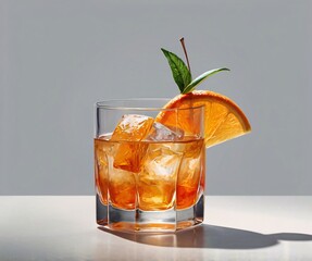 Refreshing orange cocktail with ice cubes in a glass during a sunny afternoon