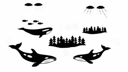 Obraz premium Illustration of orcas swimming with fish and jellyfish above trees in a black and white design silhouette