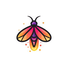 Colorful stylized illustration of a firefly with glowing abdomen and geometric wing pattern on a white background.