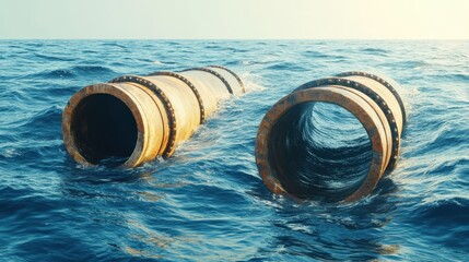Rustic Industrial Pipes Floating on Calm Ocean Surface at Sunset