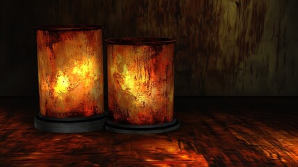 Rustic Lanterns with Warm Light on Weathered Wooden Background