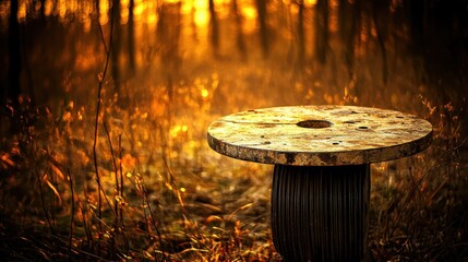 Rustic Wooden Cable Reel Surrounded by Golden Autumn Foliage