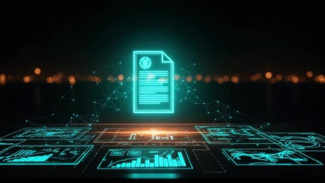 A futuristic digital workspace illuminated by glowing holographic documents and graphs showcasing data analysis and technology set against a blurred city skyline at night