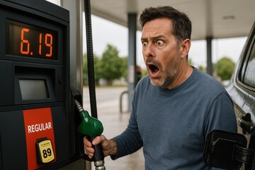Fuels soaring prices. Frustrated man reacting to high gas prices at a fuel pump.