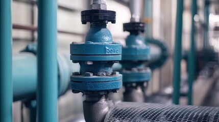 Obraz premium Close-Up of Industrial Water Valve and Pipe System in Factory Setting