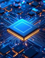 Close-up view of a glowing circuit board with a central processor