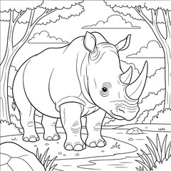 Strong Rhino Standing in Forest Landscape — Bold Black and White Line Art Illustration for Kids and Adults Animal Coloring Books and Wildlife Education Projects