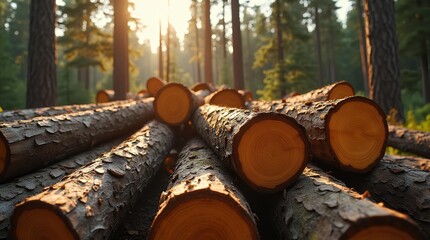 Freshly cut logs are stacked in the forest, illuminated by the rays of the sun. The harvested tree trunks showcase the texture of natural wood.