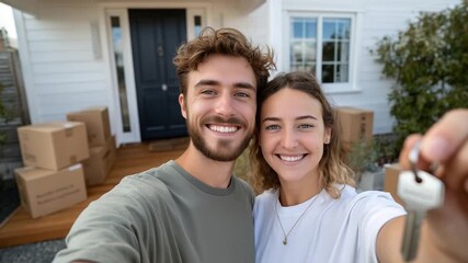 Millennial couple celebrates new home with a selfie, showcasing their key and stacked moving boxes.