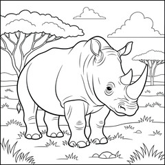 African Rhino Standing on the Savanna — Cartoon Style Black and White Line Art for Wildlife and Safari Coloring Pages