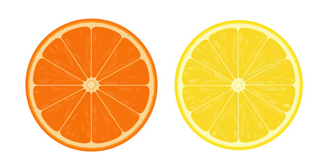 Obraz premium Colorful cross-section slices of fresh citrus fruits, an orange and a lemon, depicted side-by-side. Isolated illustration on a white background.