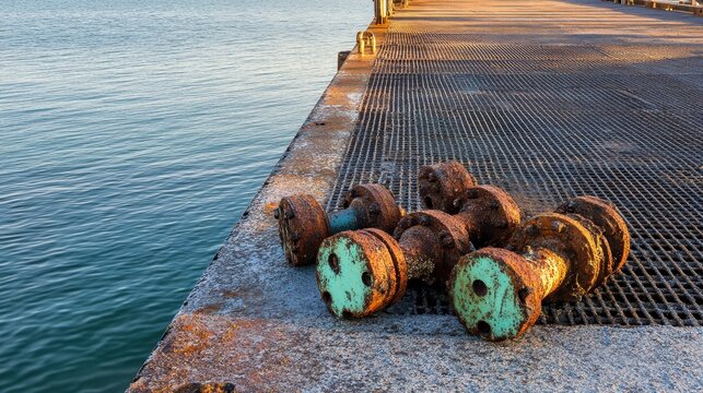 Rusty Dumbbells Abandoned on a Pier Near Calm Water at Sunset