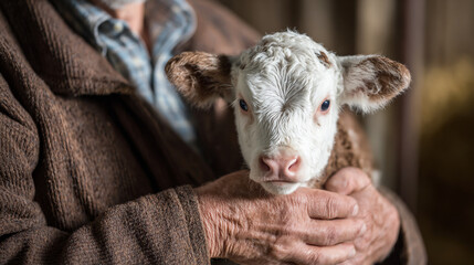 Obraz premium Close up of a person holding a small calf in their arms