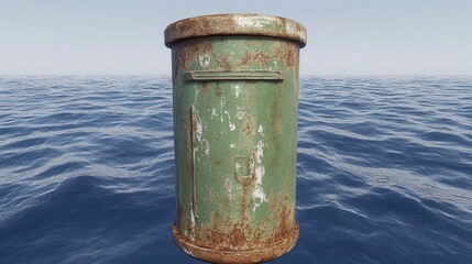Rusty Green Trash Bin Floating Above Calm Blue Ocean Waves