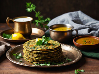 A delicious Indian breakfast spread featuring freshly made methi thepla stacked on a brass plate, served with a side of yogurt garnished with herbs, a steaming cup of chai in an earthen-style mug.