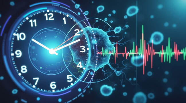 Depicts clock synchronized with microbiome, illustrating connection between time and biological rhythms. visual elements