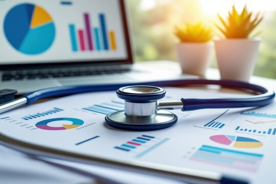 Stethoscope and charts on desk representing healthcare analytics and financial performance