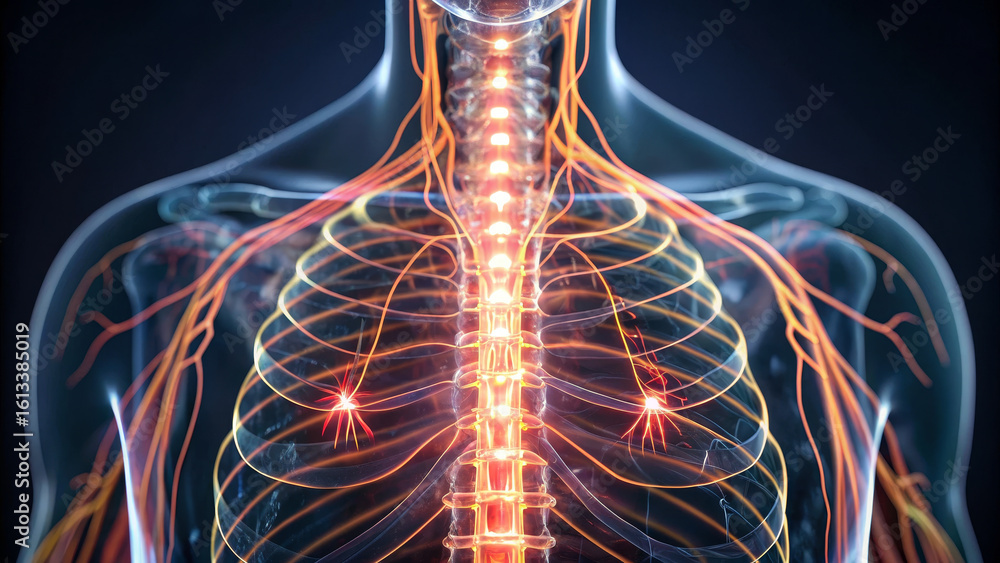 Poster glowing nervous system showcases intricate pathways and connections, highlighting complexity of huma