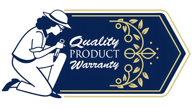 Quality product warranty blue sign vector with a premium gold accent border, elegant serif text, and a seal icon, on a transparent background - Powered by Adobe