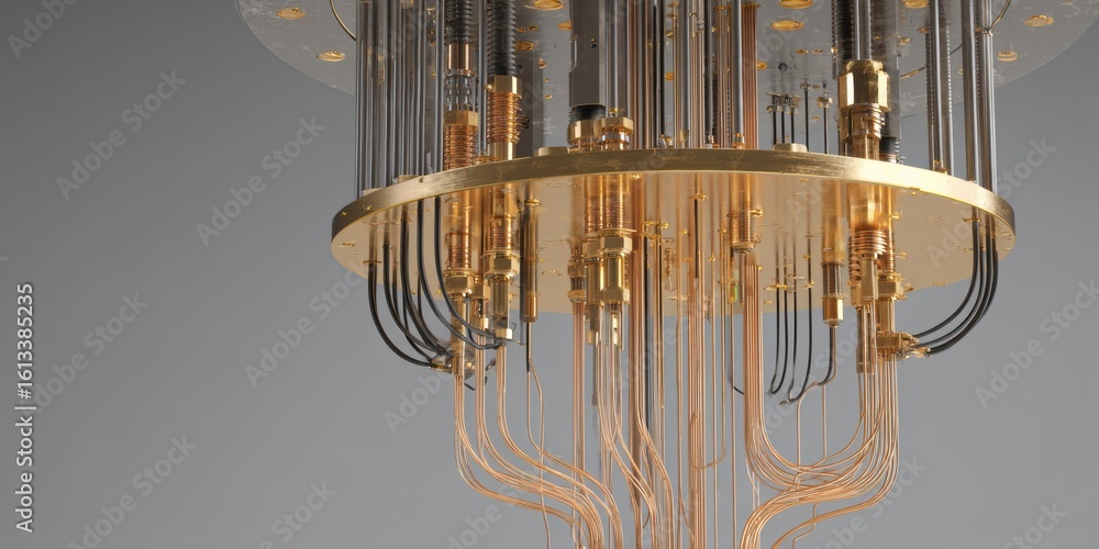 Poster close-up view of the intricate golden wiring in a quantum computer.