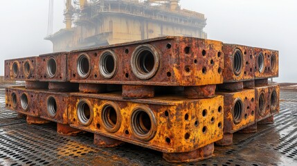 Rusty Industrial Equipment on Oil Rig in Foggy Environment