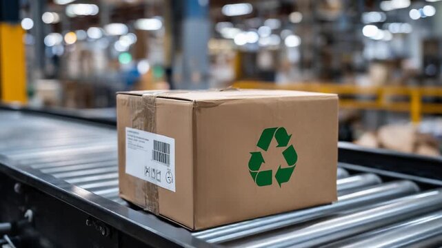 Eco-friendly cardboard parcel with recycling emblem on a metal shelf in a sustainable distribution hub, featuring a barcode scanner and handheld device.