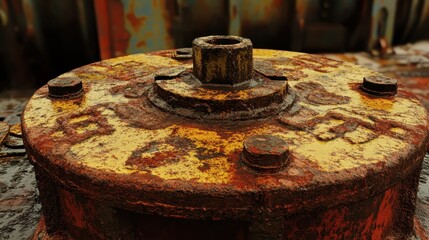 Rusty Industrial Machinery Part with Weathered Yellow Paint Surface