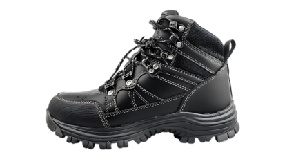 Side view of a sturdy leather work boot with intricate stitching and rugged sole design isolated