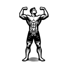 Fototapeta premium Men flexing muscle hand draw engrave icon design black white