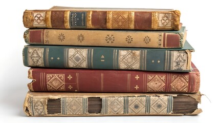 Stack of Vintage Books with Numbered Spines and Damaged Edges.